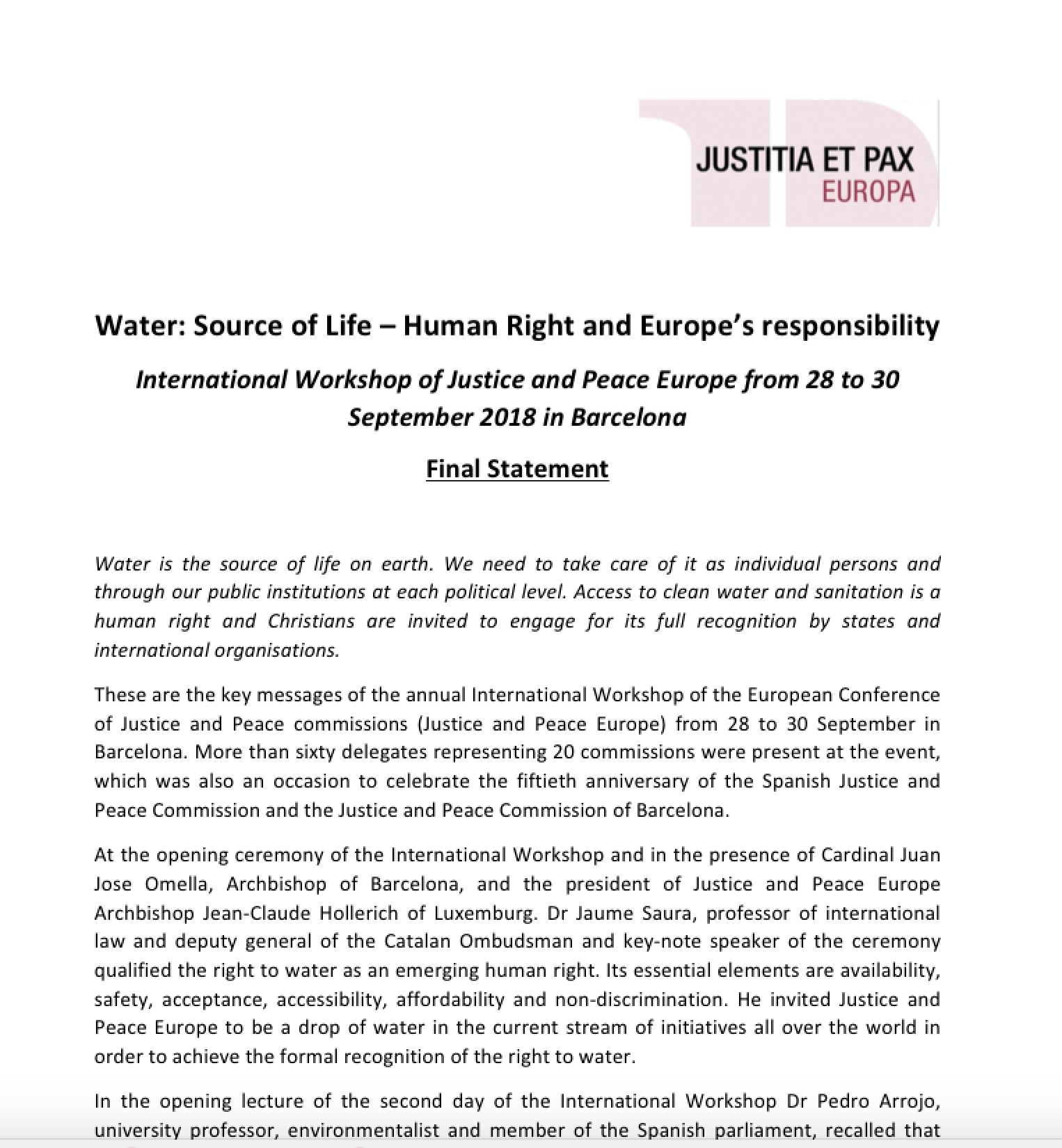Water: Source of Life – Human Right and Europe’s responsibility