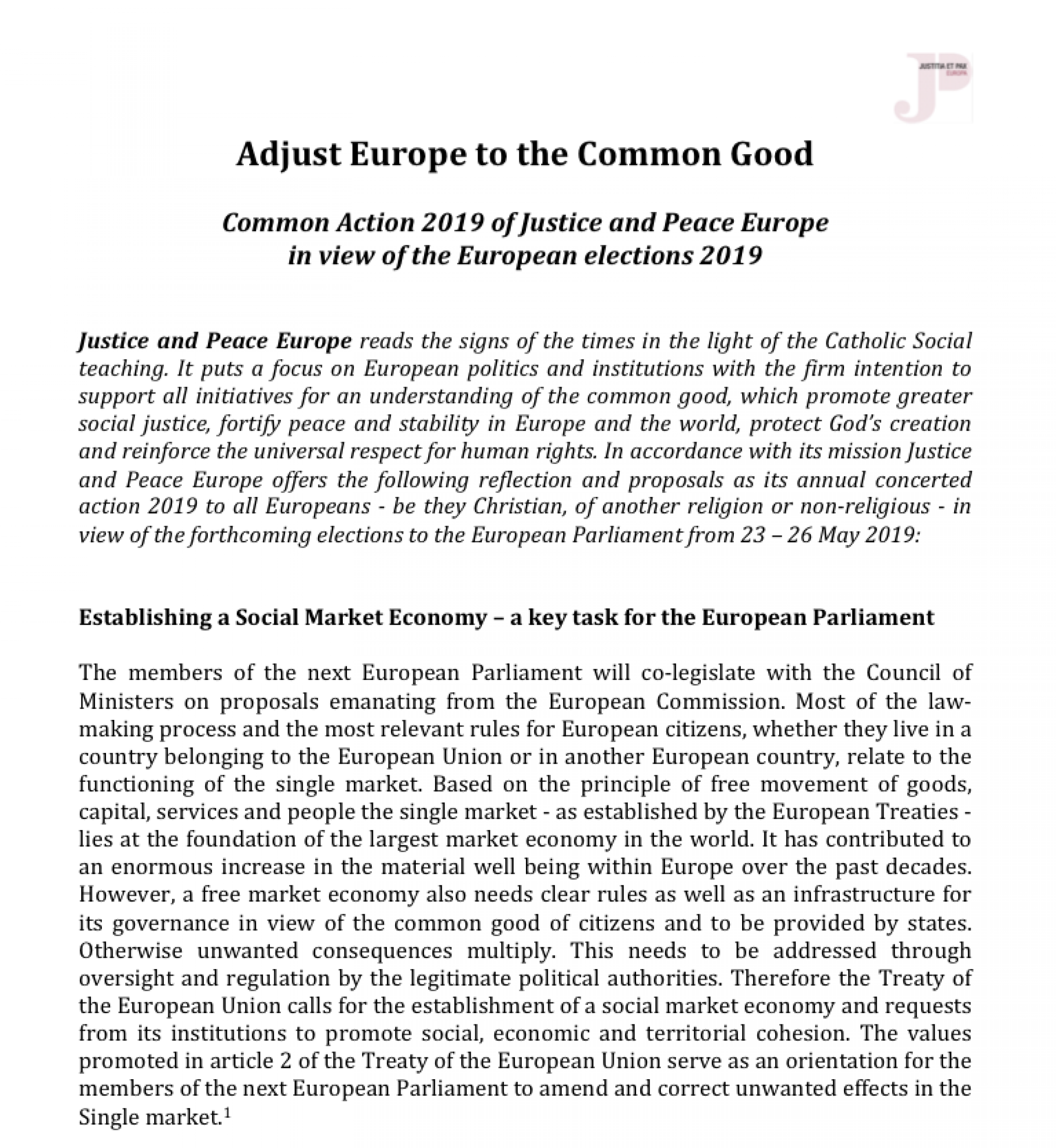 "Adjust Europe to the Common Good" - Justice & Peace Europe Concerted Action 2019 in view of the European elections 