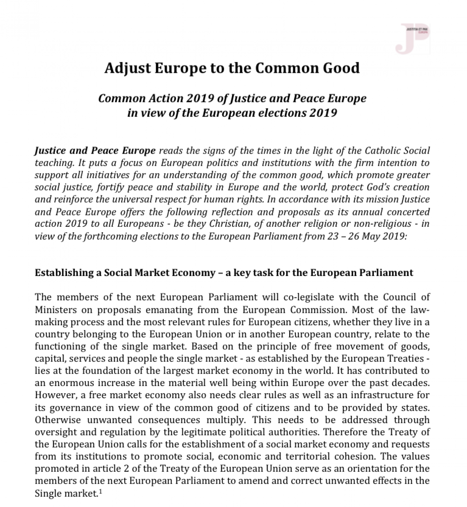 "Adjust Europe to the Common Good" - Justice & Peace Europe Concerted Action 2019 in view of the European elections 